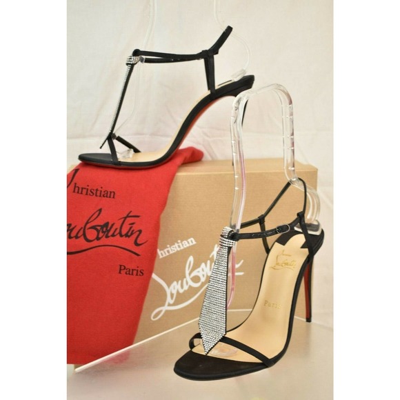 NIB LOUBOUTIN T CAB 100 BLACK CREPE SATIN JEWELED TIE ANKLE STRAP PUMPS 40.5 - Picture 2 of 12